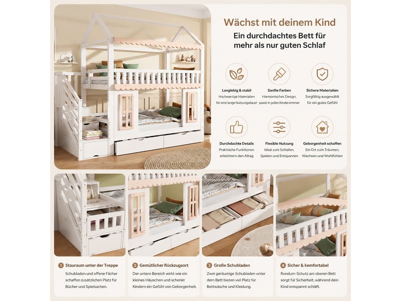  Lit superposé maison blanc et naturel 90x200 cm en pin et mdf, escalier de rangement, 2 tiroirs, fenêtres et moulures  - Conforama E