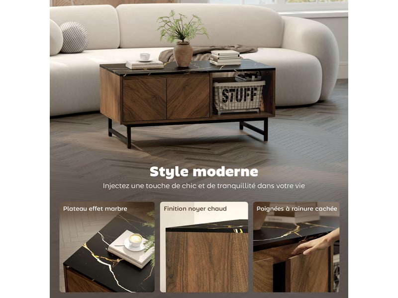  Table basse, table de salon, plateau effet marbre, 2 portes et 2 niches ouvertes, noyer, 100 x 50,8 x 45,7 cm  - Conforama E