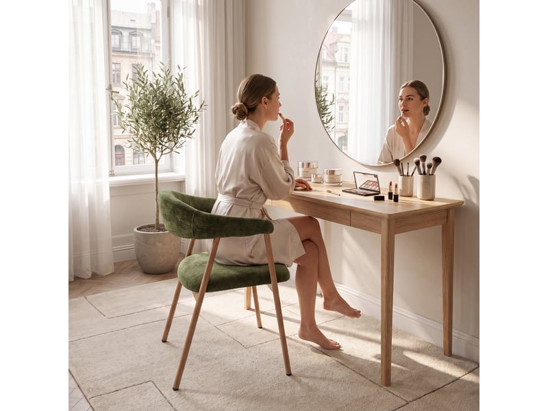  Chaises de salle à manger lot de 6 rembourrée en chenille, pieds en métal effet bois, vert  - Conforama R
