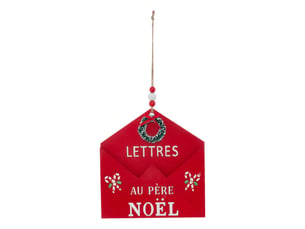 Suspension de sapin lettre père noël en bois rouge et blanc 16 cm