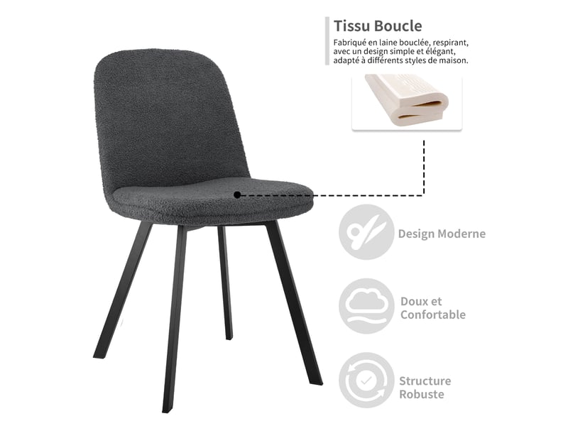  Lot de 2 chaises de salle à manger,44x41x84 cm,tissu teddy,gris foncé  - Conforama E