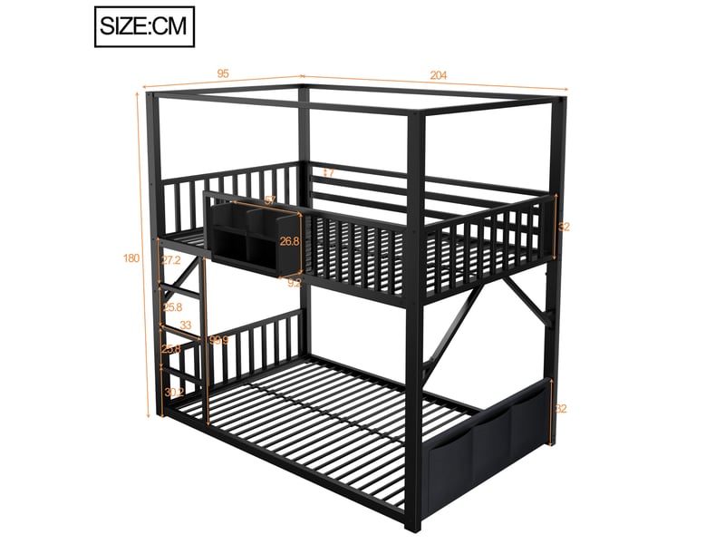 Lit superposé enfant 90x200 cm en métal noir avec toit et rangements  - Conforama C