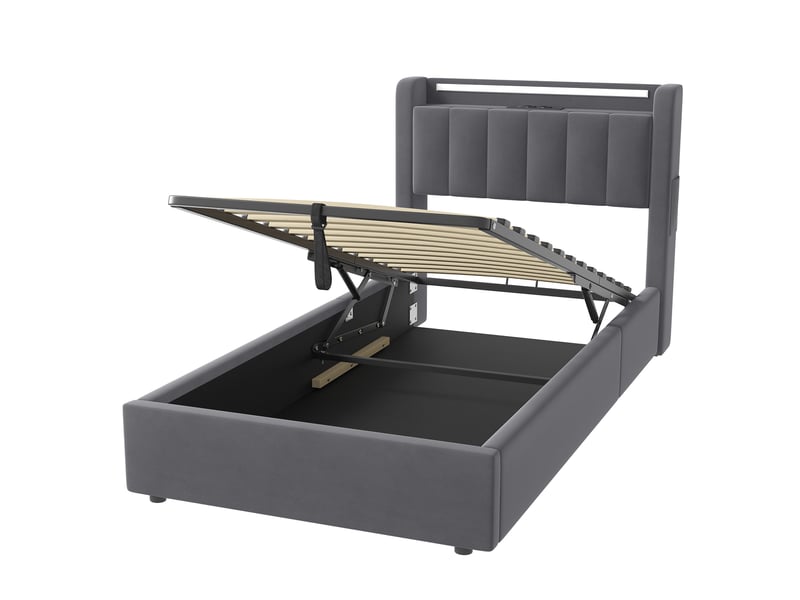  Lit coffre 90x200 cm gris en velours avec coffre hydraulique, led et ports usb intégrés  - Conforama E