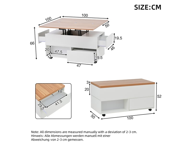  Table basse 100x50x52 cm relevable extensible à roulettes en panneaux de particules blanc et chêne  - Conforama E