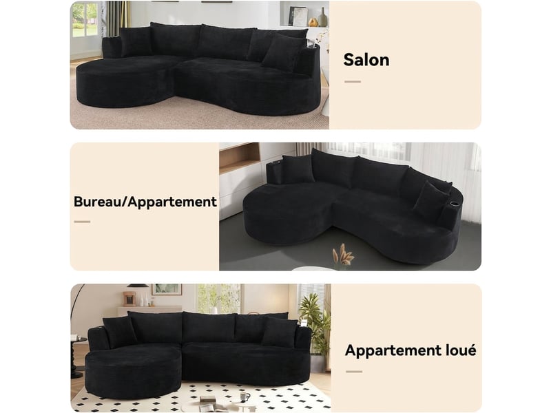  Canapé 3 places avec méridienne gauche design courbé velours côtelé doux porte-gobelets noir  - Conforama R