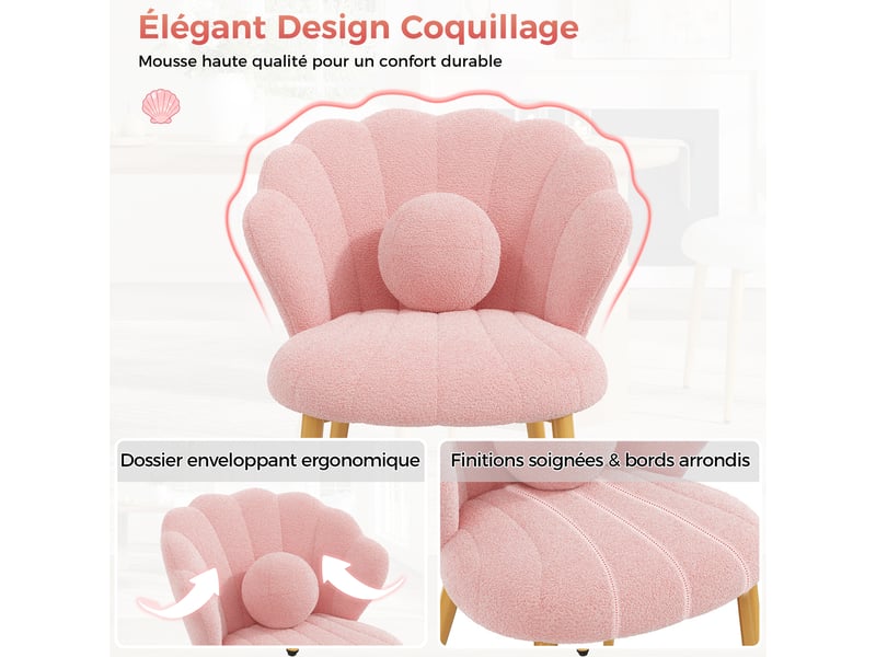  Lot de 6 fauteuils 60x62.5x83 cm tissu bouclé assise rembourrée dossier coquillage pieds en métal usage quotidien rose OPULERANE TRADING LTD - Conforama E