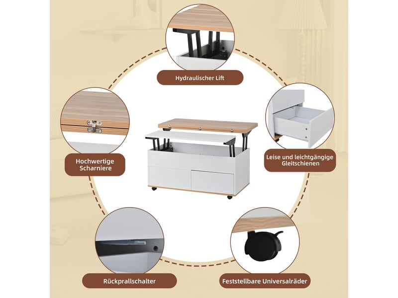  Table à manger 100 x 98 x 65 cm hauteur réglable rangement dissimulé compartiment de rangement roulettes tiroirs grande capacité de rangement table multifonction blanc et aspect bois naturel  - Conforama E