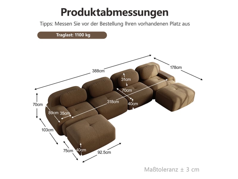  Canapé modulable en u modenvie 4 places 388 x 178 cm velours côtelé marron sans cadre  - Conforama C