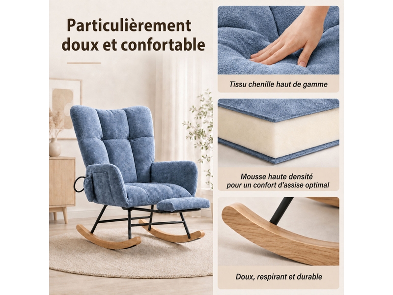 Chaise à bascule ergonomique en tissu chenille bleu avec repose‑pieds rétractable, poche de rangement, structure métal et bois massif, charge 120 kg - Conforama C