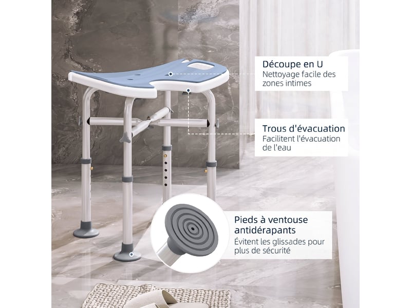 Tabouret de douche - siège de douche avec barre d'appui ventouse - hauteur réglable - alu hdpe bleu clair blanc - Conforama E