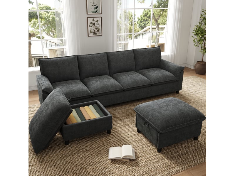  Canapé d'angle modulable en u 264,5x142,5x84 cm, pour salon, 2 poufs et stockage, assise profonde, tissu en chenille, noir  - Conforama B