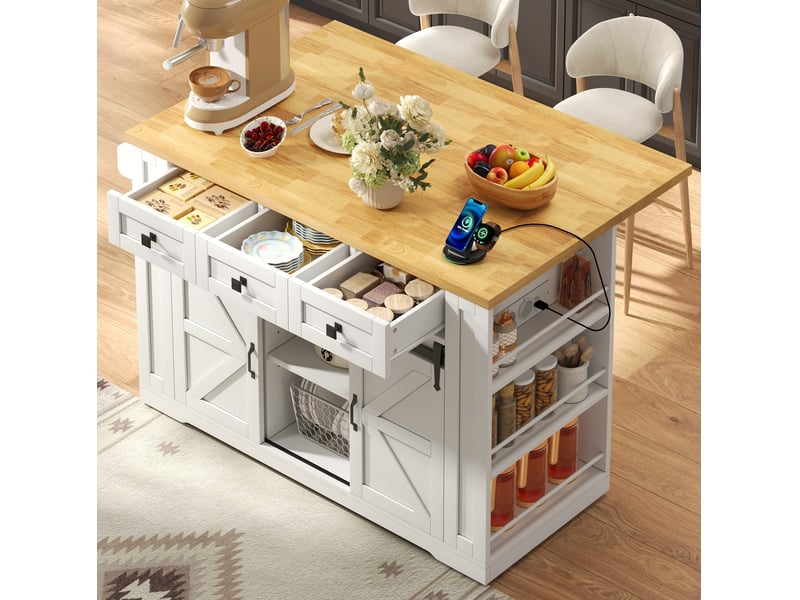 Îlot de cuisine avec plateau rabattable, 3 tiroirs et prises, pour cuisine, mdf blanc et bois, 130 × 50 (80) × 87 cm - Conforama C