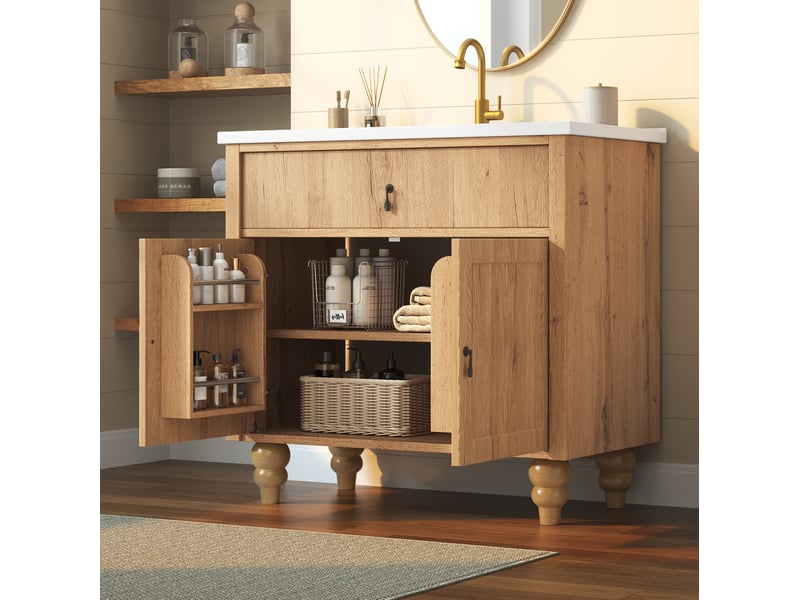  Meuble sous vasque 81x47x86 cm avec vasque en céramique décor bois naturel  - Conforama D