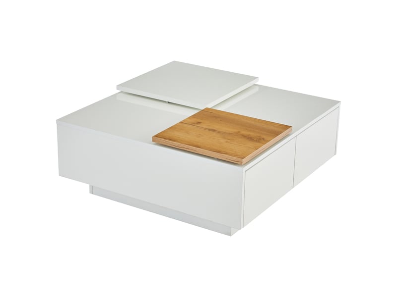  Table basse carrée moderne en bois blanc brillant avec surface de rangement (75 x 75 x 33,5 cm), petit plateau coulissant, capacité de charge maximale 30 kg.  - Conforama E
