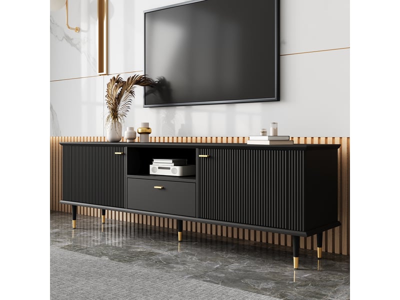 Meuble tv noir 170 cm mdf laqué avec tiroirs et portes pieds métal doré  - Conforama B