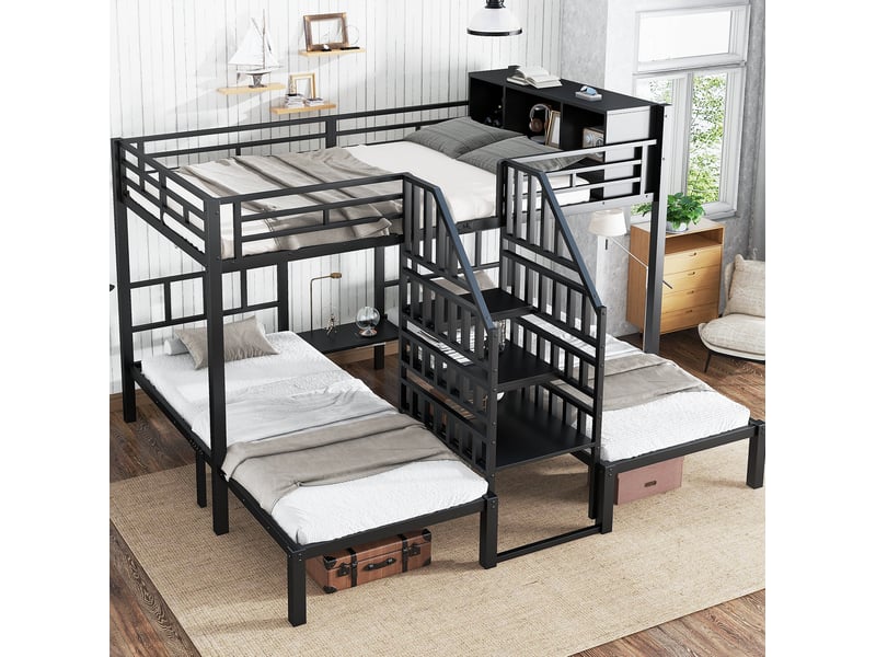  Lit superposé 3 couchages 90x200 et 140x200 cm avec escalier et rangement, noir  - Conforama D