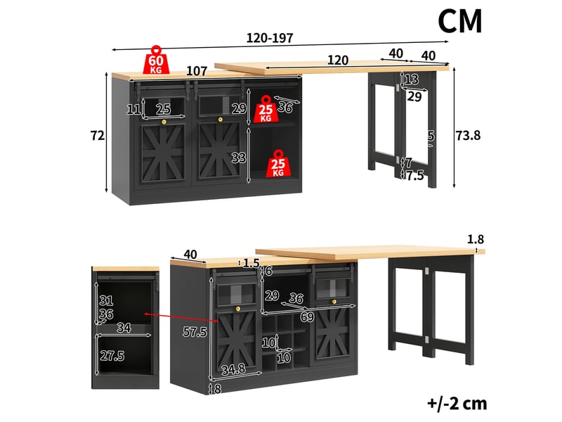  Îlot de cuisine extensible 120-197 x 40 x 72 cm, portes coulissantes vitrées et éclairage led rgb, noir, en mdf robuste  - Conforama C