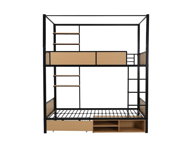  Lit superposé 90x200 cm avec rangement et échelle, noir et naturel  - Conforama R