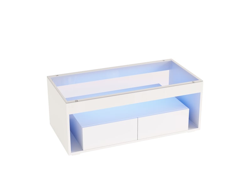 Table basse avec 2 tiroirs, niches ouvertes et led pour salon 100×50×40 cm en panneaux de particules blanc - Conforama D