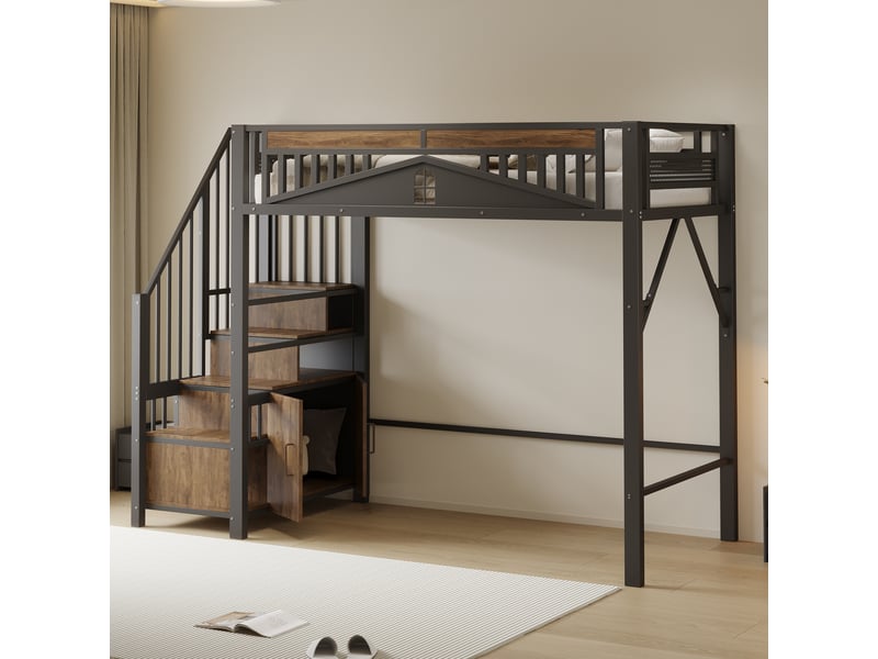  Lit mezzanine métal 90 x 200 cm, barrière ajourée, échelle avec rangement, espace sous lit, noir  - Conforama D