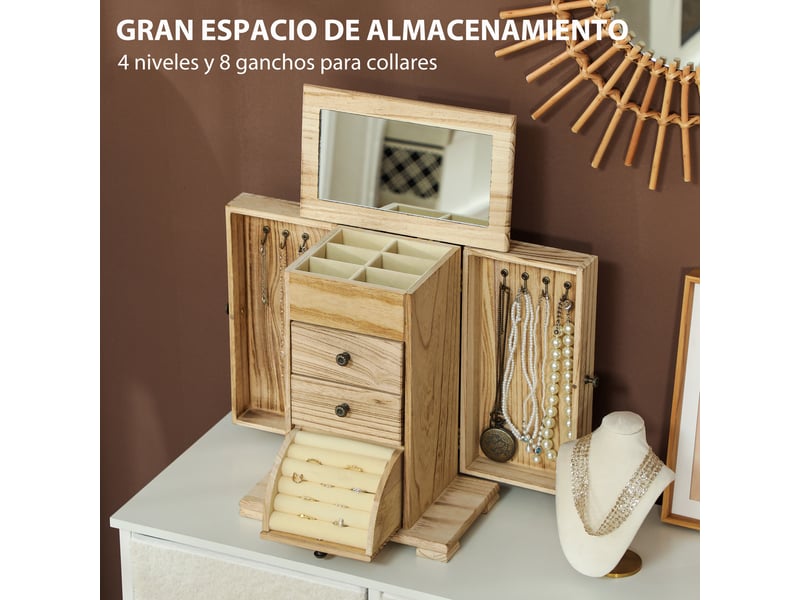 Coffret à bijoux en bois à 4 niveaux, organisateur de bijoux pour femme avec 2 tiroirs et miroir pour boucles d'oreilles, bagues et colliers, naturel  - Conforama D