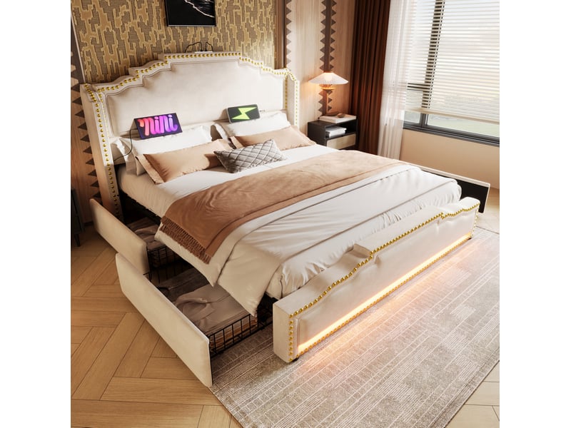  Lit rembourré ulevr 160x200 avec 4 tiroirs, led, usb et usb-c, velours beige, sommier à lattes et matelas inclus  - Conforama B