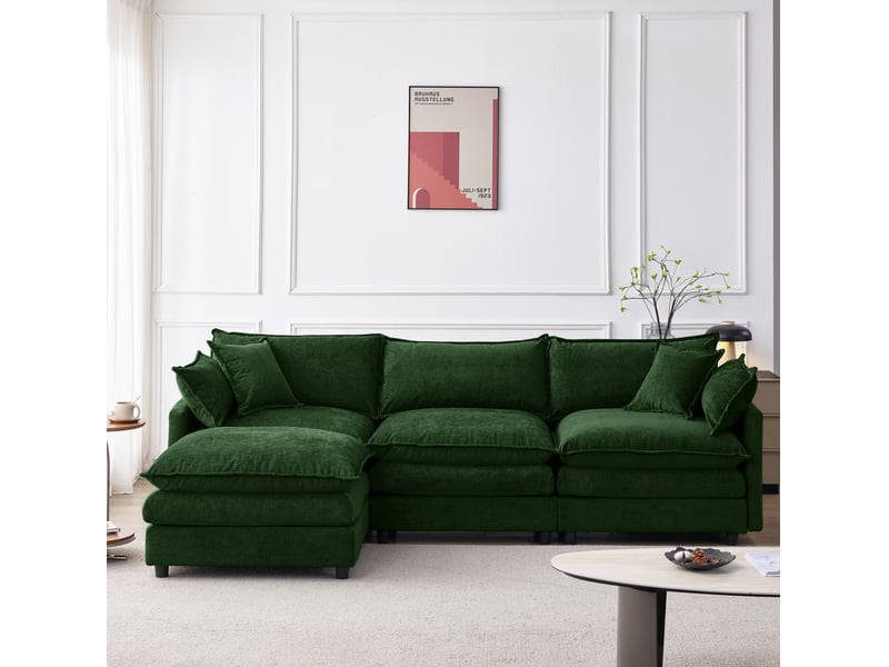  Canapé d'angle modulable 3 places avec repose-pieds en chenille vert  - Conforama D