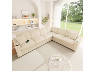 Canapé d'angle gauche fixe MODENUIT 6 places Velours côtelé Beige