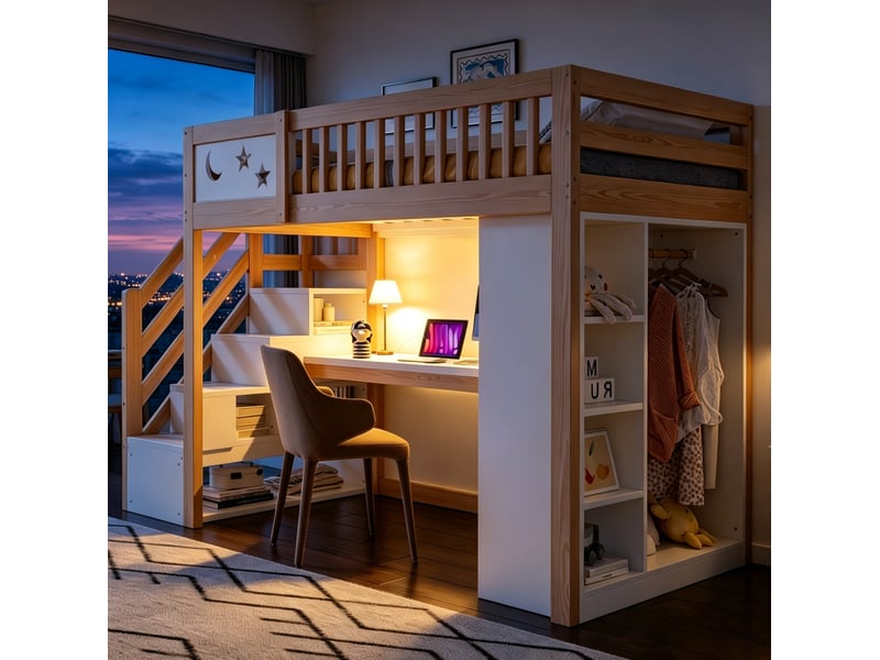 Lit mezzanine 90x200 cm avec bureau, bois, blanc et bois naturel sans matelas  - Conforama B