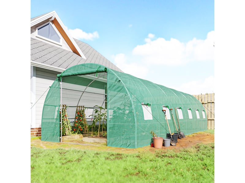  Serre tunnel de jardin 8 x 3 x 2 m avec 12 fenêtres et porte enroulable, acier et polyéthylène 140 gm², vert  - Conforama C