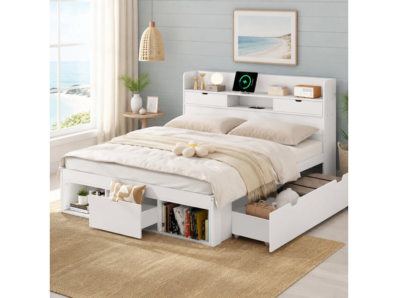  Lit double 200×140 cm avec tiroirs, placards de rangement et ports usb et usb-c, sans matelas, blanc  - Conforama B