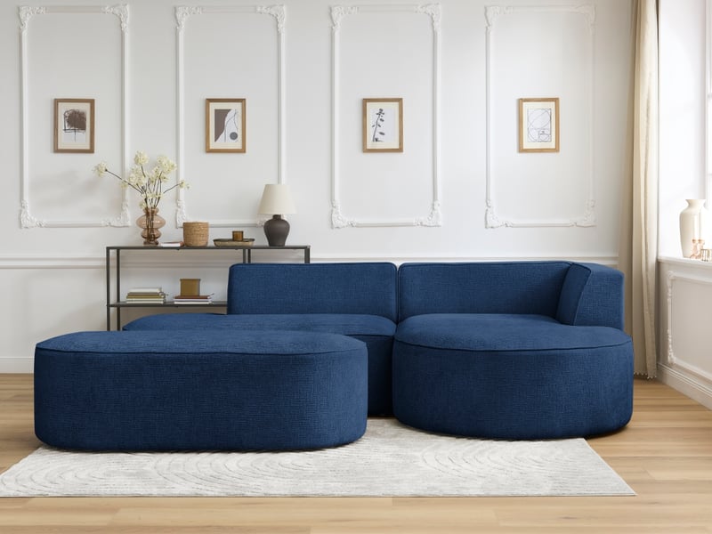 Bobochic canapé d'angle fixe rousseau tissu texturé avec pouf bleu foncé angle droit ROUSSEAU - Conforama D