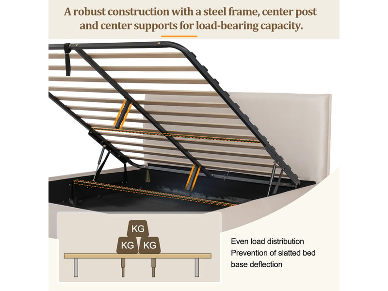  Lit coffre 180x200 cm avec sommier hydraulique, tête de lit rembourrée et pieds bois massif, velours crème Bubbly - Conforama W