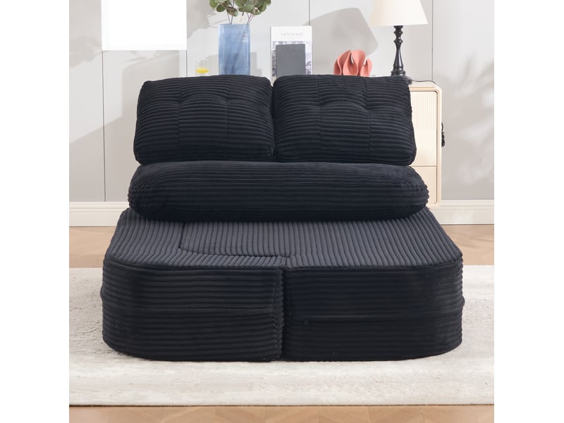  Fauteuil convertible 2 places avec accoudoirs amovibles, porte-gobelets et poches latérales en velours côtelé noir  - Conforama D
