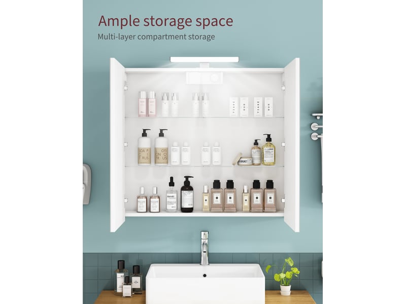  Meuble de salle de bain avec miroir led de 80 cm, 2 portes, prise française et étagères en verre réglables, blanc.  - Conforama B