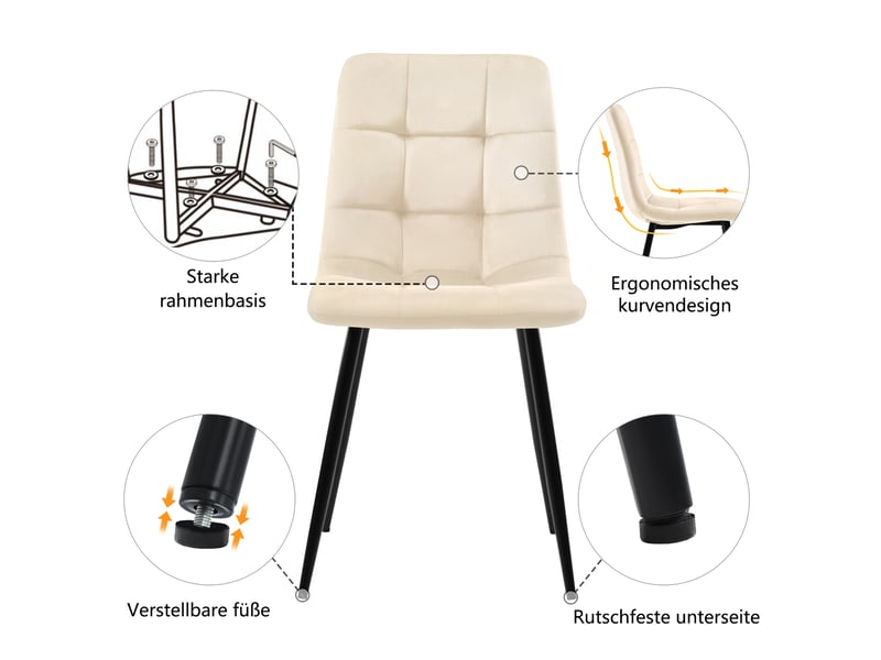  Table à manger rectangulaire avec 4 chaises, plateau effet marbre 117 cm, sièges en velours beige et pieds dorés  - Conforama R
