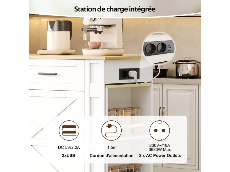 Îlot de cuisine mobile bois naturel et blanc en mdf, table extensible, 2 tiroirs, meuble à double porte, 120 × 50 × 93 cm - Conforama E