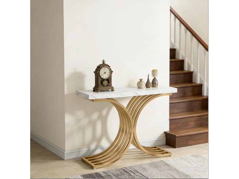  Table console 100 x 30 x 80 cm, plateau effet marbre et structure métal doré  - Conforama B