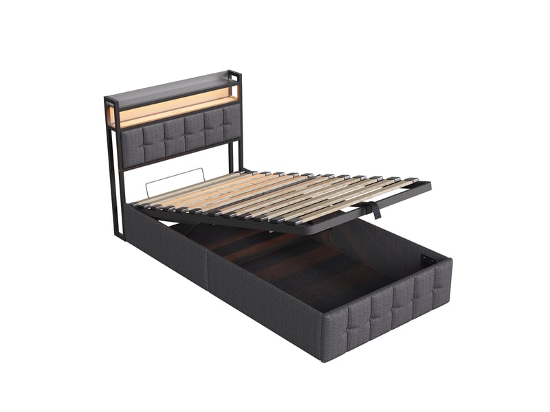  Lit coffre 90x200 avec led et usb, lit simple avec espace de rangement hydraulique cadre de lit rembourré avec  tete de lit lits 1 place pour adolescent et chambre d'amis gris lin, sans matelas  - Conforama R