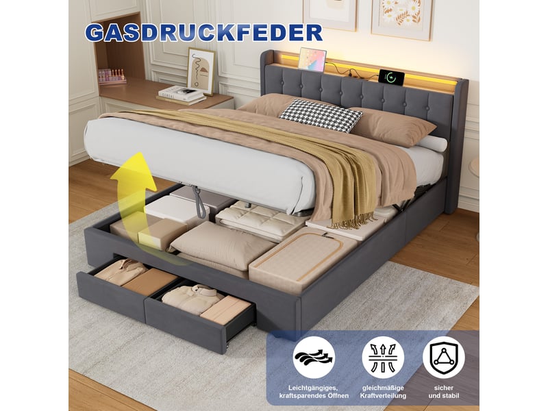  Lit coffre 2 places 160x200 cm avec led et tiroirs, coloris gris  - Conforama D