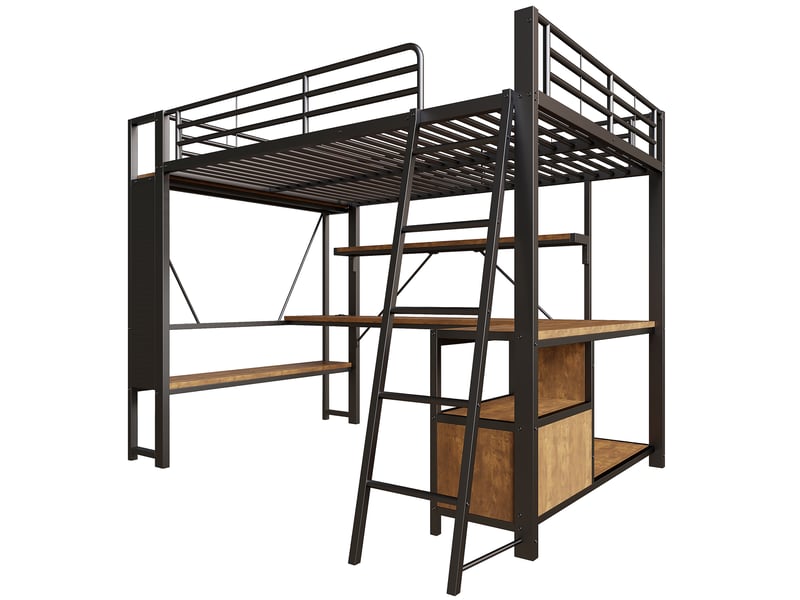 Lit mezzanine 140x200 cm métal noir avec led, bureau, rangements et usb - Conforama D