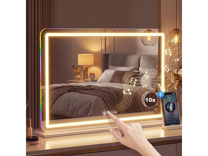  Miroir maquillage lumineux 80x60cm, miroir coiffeuse led dimmable, lumière rgb, 3 températures de couleur, blanc  - Conforama C