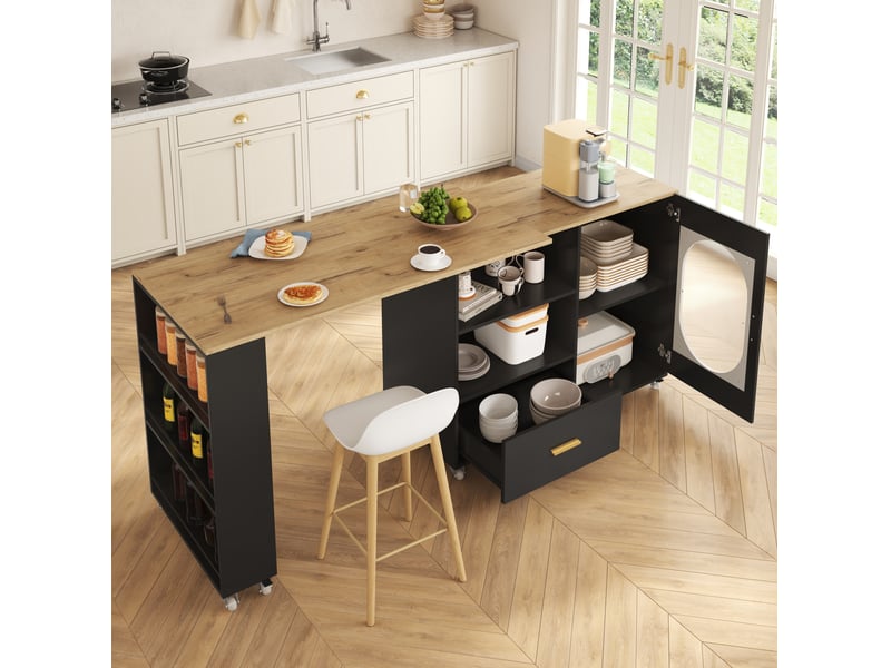  Îlot de cuisine mobile extensible 120-180 cm, plateau pivotant à 360°, mdf noir et bois clair avec rangement  - Conforama B