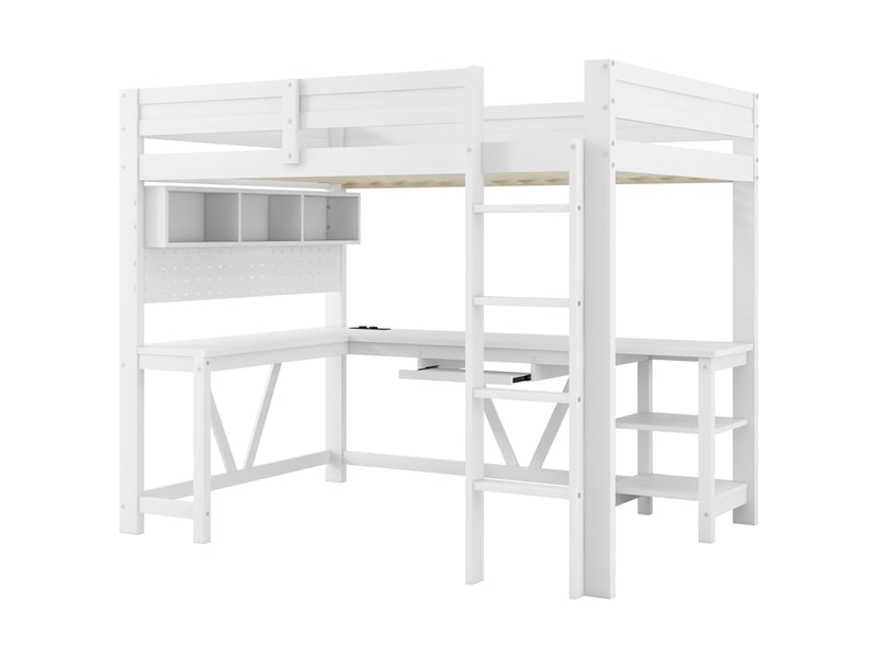  Lit mezzanine 90×200 cm, lit simple - bureau, rangements, led réglable et usb - sans matelas - en bois blanc  - Conforama E
