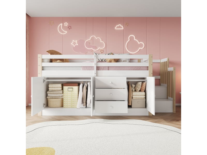  Lit mezzanine enfant 90x200 cm, lit simple, lit enfant avec escalier, tiroirs, 2 armoires de rangement et tringle à vêtements, sans matelas, blanc  - Conforama B