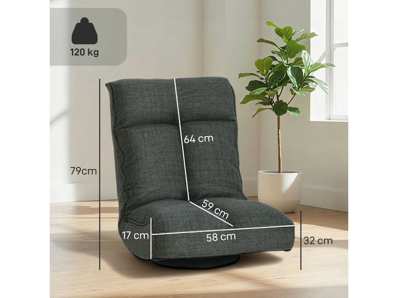  Fauteuil de sol pliable pivotant à 360°, chaise rembourré avec dossier réglable, 58x107x79cm, gris  - Conforama E