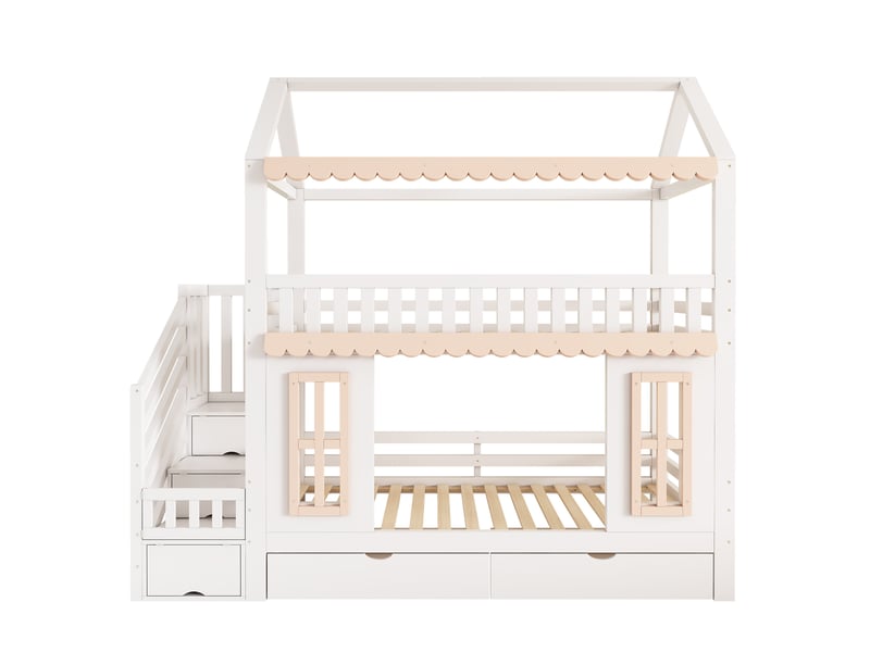  Lit superposé enfant 90x200 cm, lit cabane avec armoire latérale, échelle, 2 tiroirs, fenêtres décoratives, pin et mdf - blanc et naturel  - Conforama A