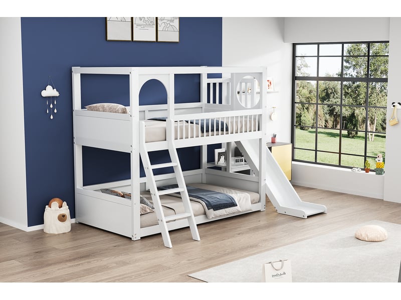  Lit superposé enfant avec étagères et toboggan blanc 90 x 200 cm  - Conforama D