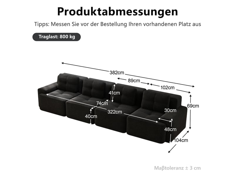  Canapé modulable 4 places en velours côtelé noir, 382 x 104 x 69 cm, sans armature, sans montage, livré compressé, assise profonde, base antidérapante CARDUME ESTIVAL - Conforama C