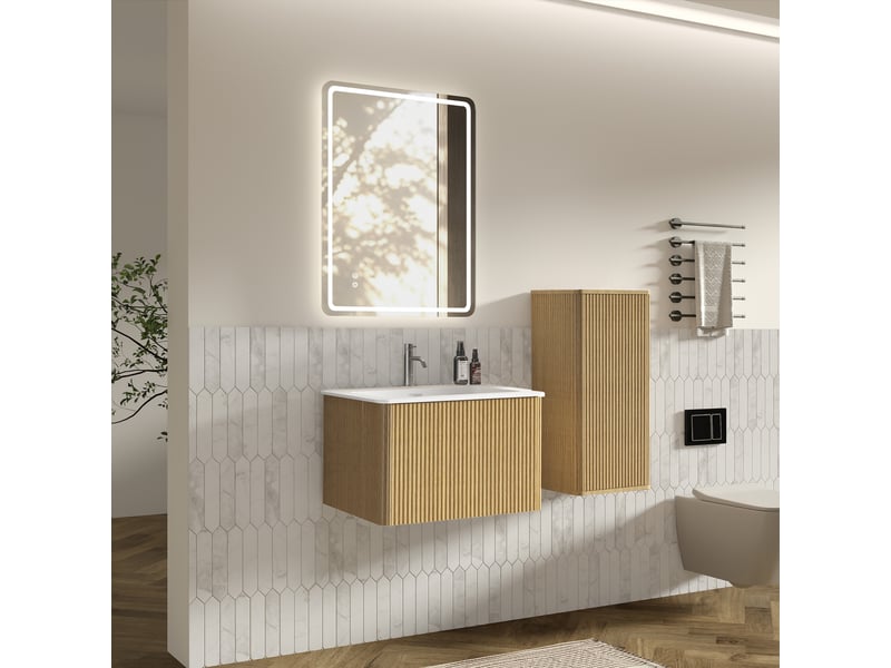 Ensemble salle de bain 60 cm meuble suspendu miroir led colonne coloris chêne - Conforama B
